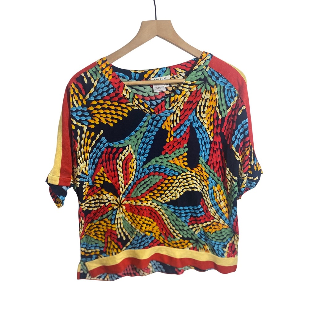 Tru Luxe Womens V-Neck Short Sleeve Multi Color Print Top Sporty Trim Navy M